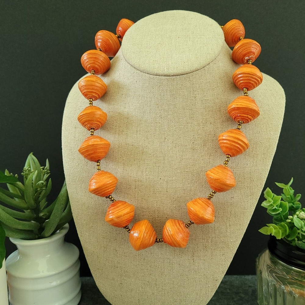 Handmade Recycled Paper Bicone Bead Orange Statement Necklace 21in